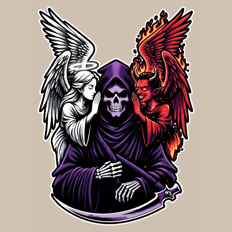 Sensenmann mit Engel und Dämon