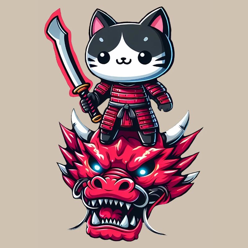Samurai Cat with Sword on Dragon in Epic 3D Effect