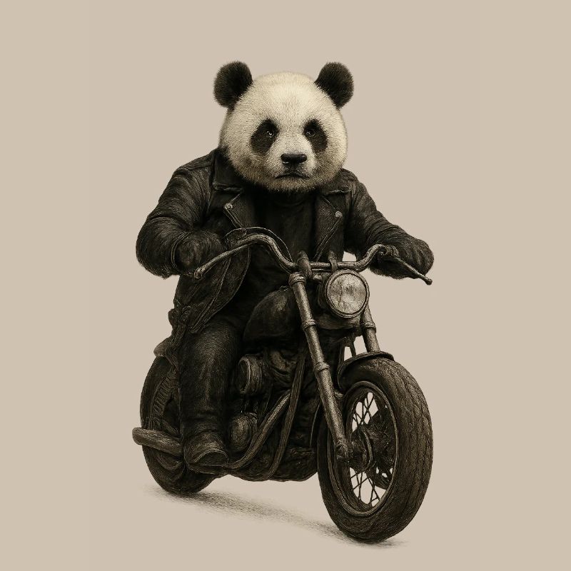 Leather Panda Biker on Motorcycle