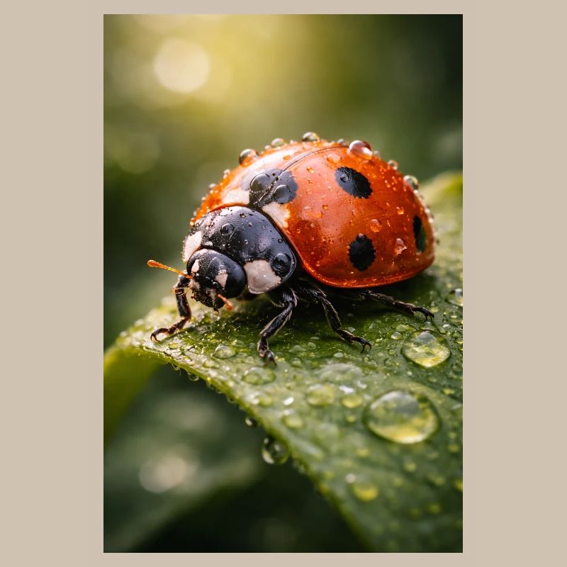 Red ladybug on dewdrops