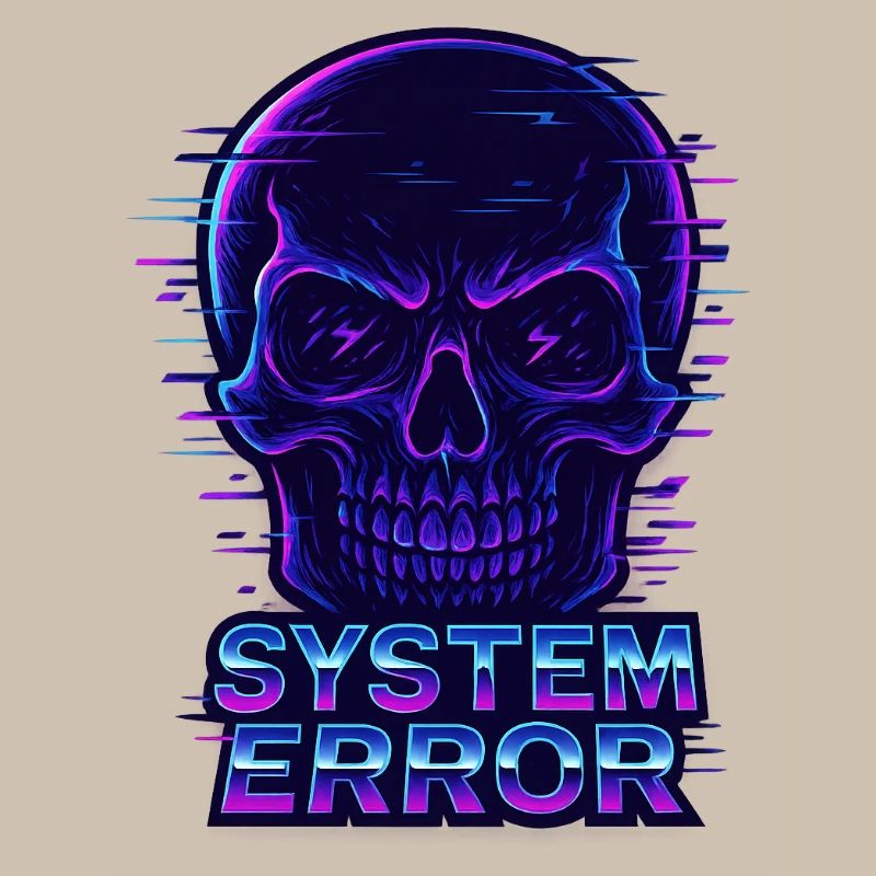 Crâne Neon Glitch avec texte d’erreur système
