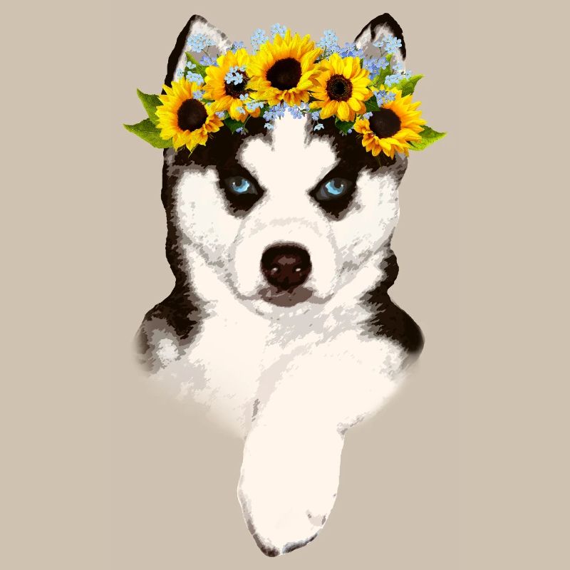 Husky mit Sonnenblumenkranz