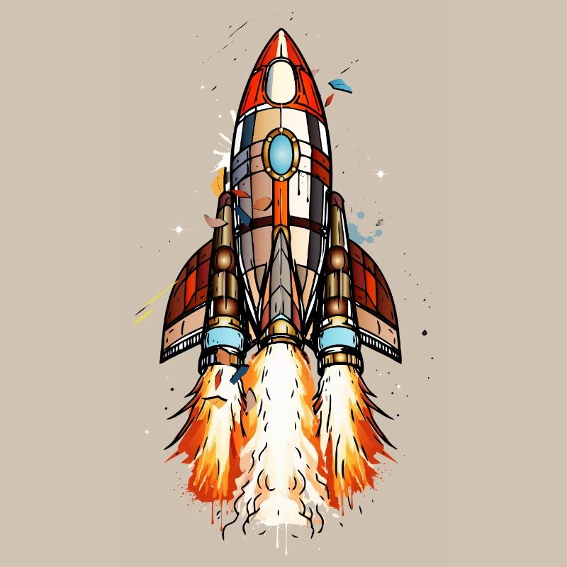 Futuristic rocket on launch in comic style