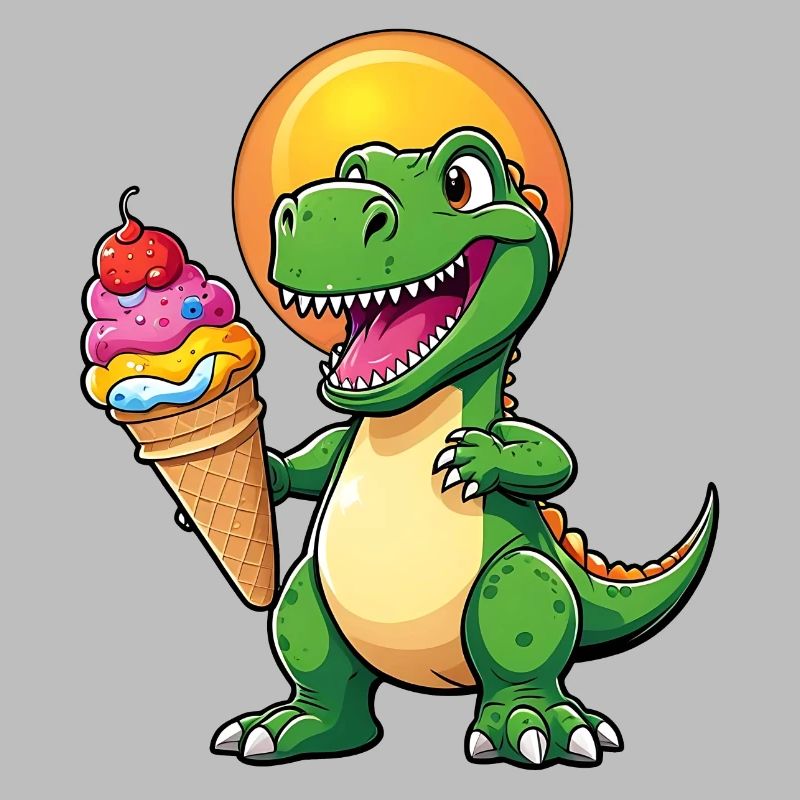 Lustiger Dino mit großer bunter Eistüte