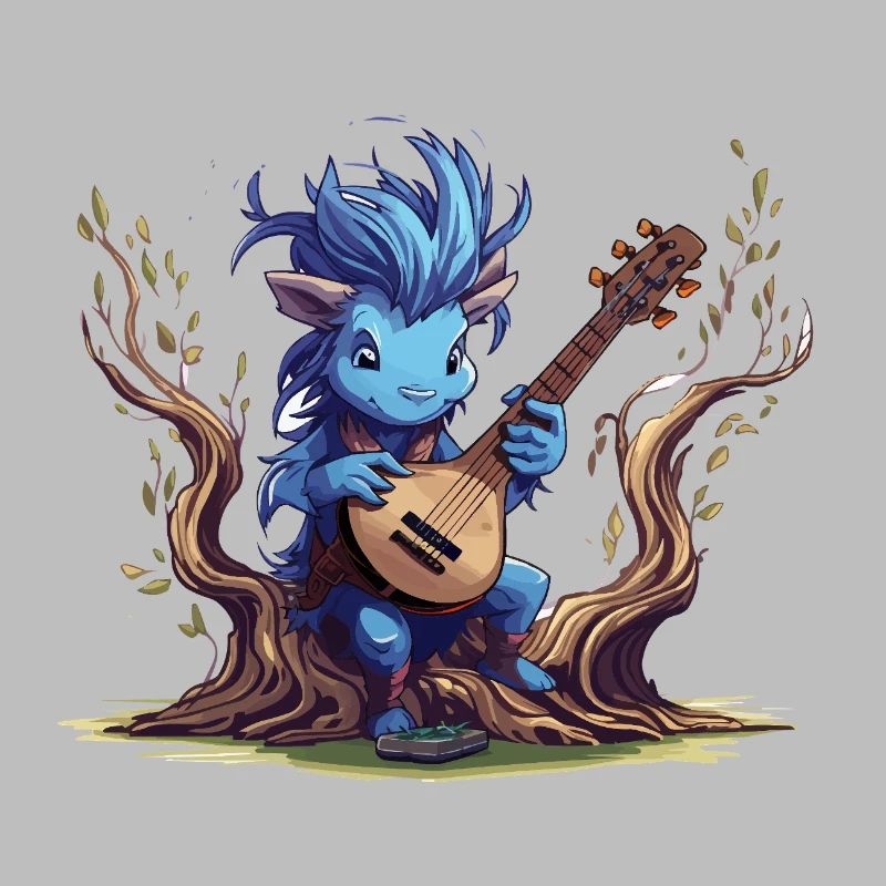 Lutin bleu avec luth dans la forêt