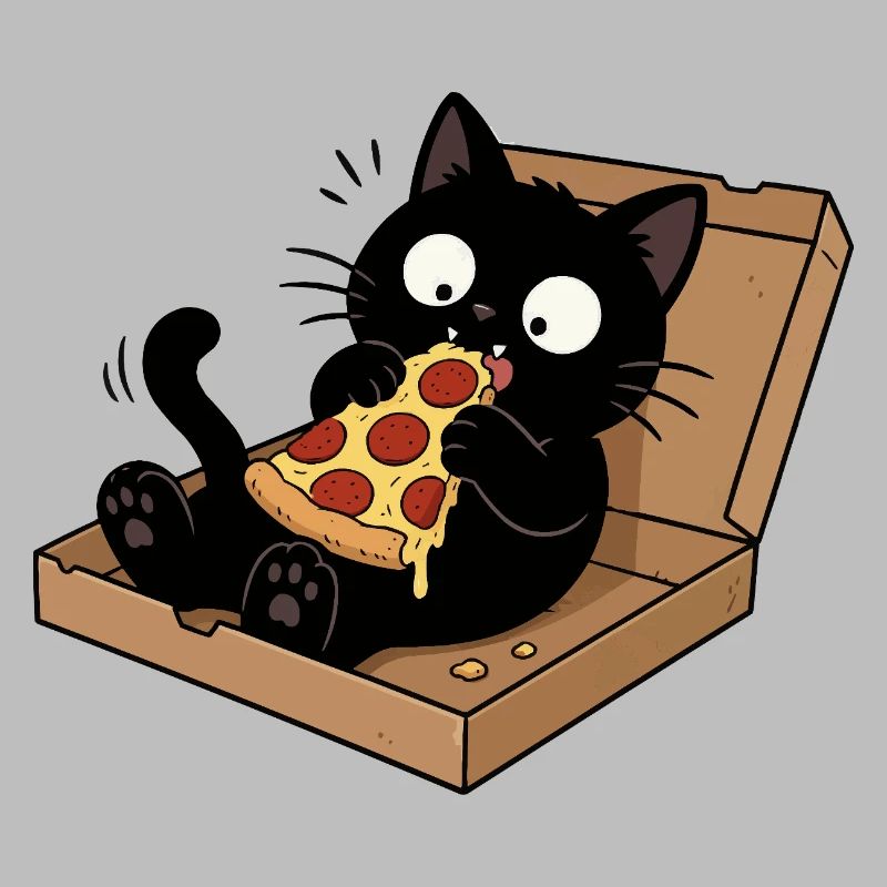Chat noir savourant une pizza