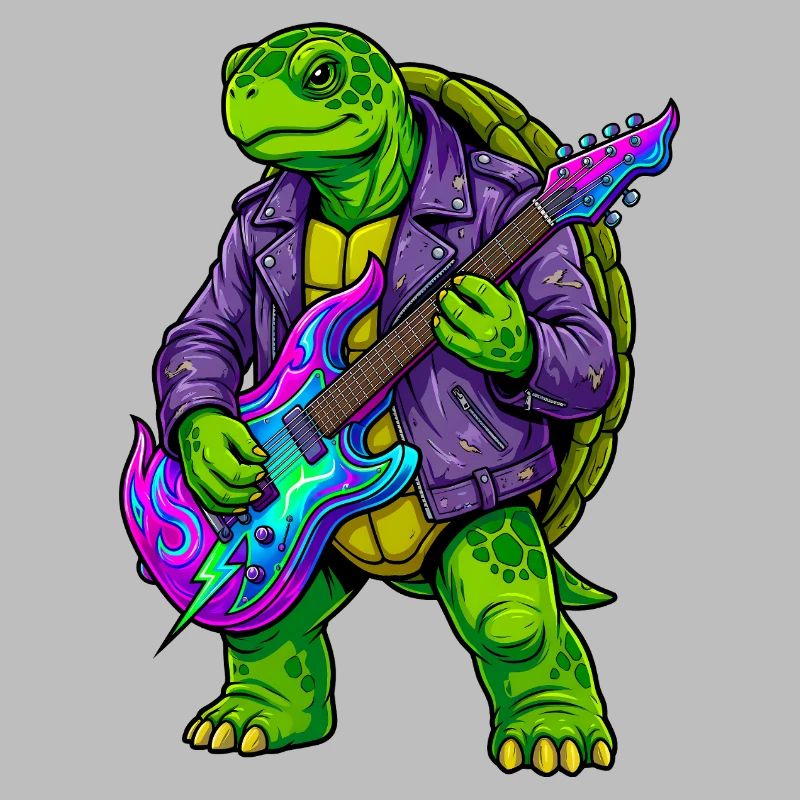 Turtle with jacket and neon electric guitar
