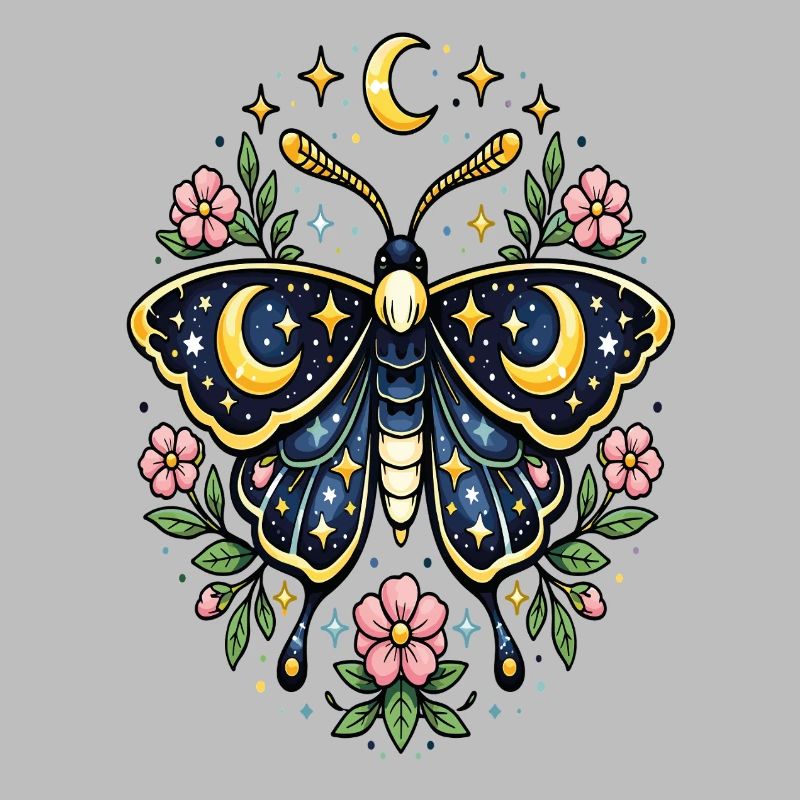 Papillon céleste lune fleurs étoiles