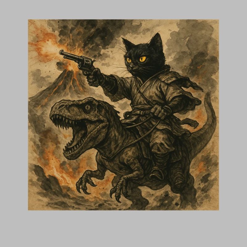Samurai-Katze reitet auf Dinosaurier bei Vulkanausbruch