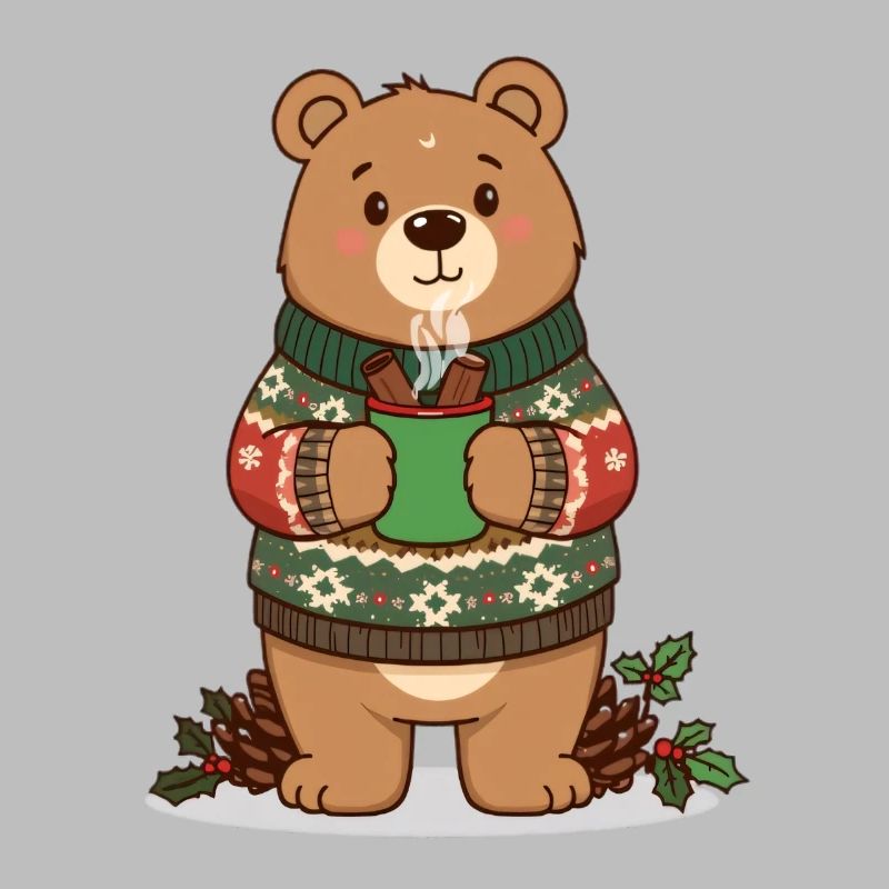 Winterbär mit dampfendem Kakao