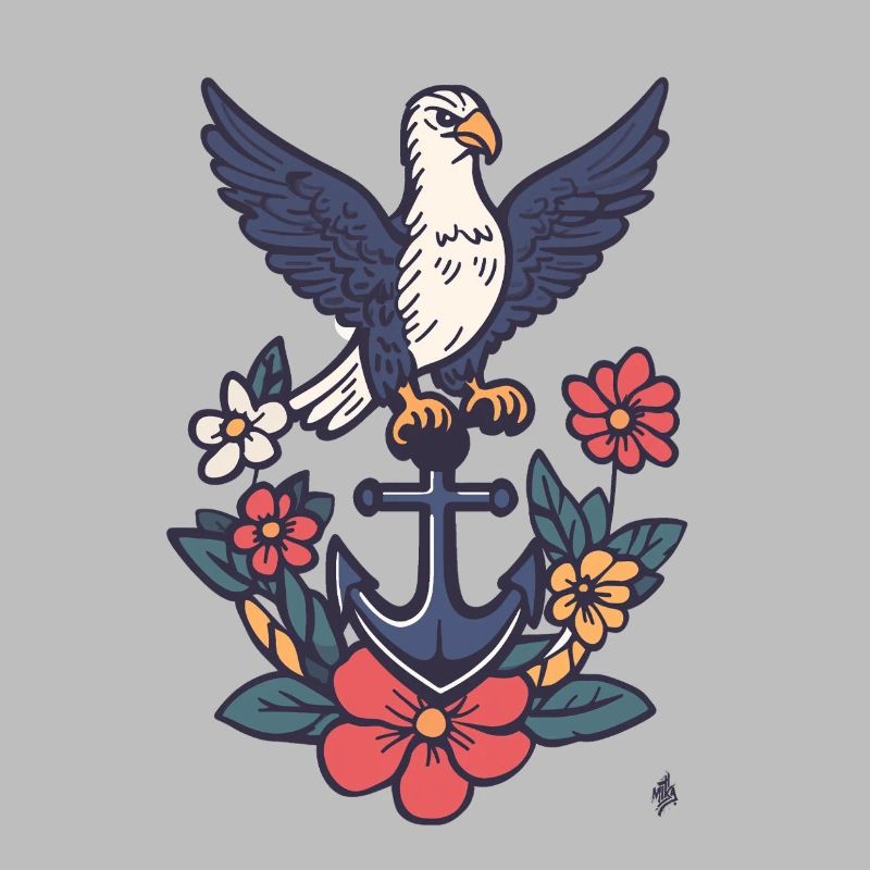 Ancre avec Albatros et Couronne de Fleurs