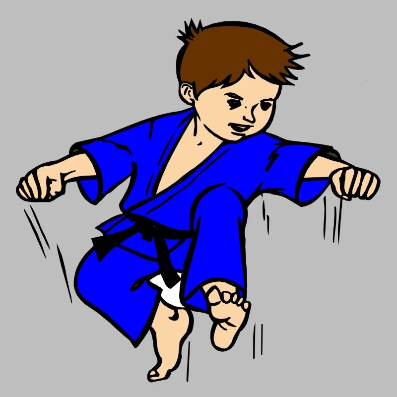 Blauer Anzug Karatekind oder Judokind mit schwarzem Gürtel