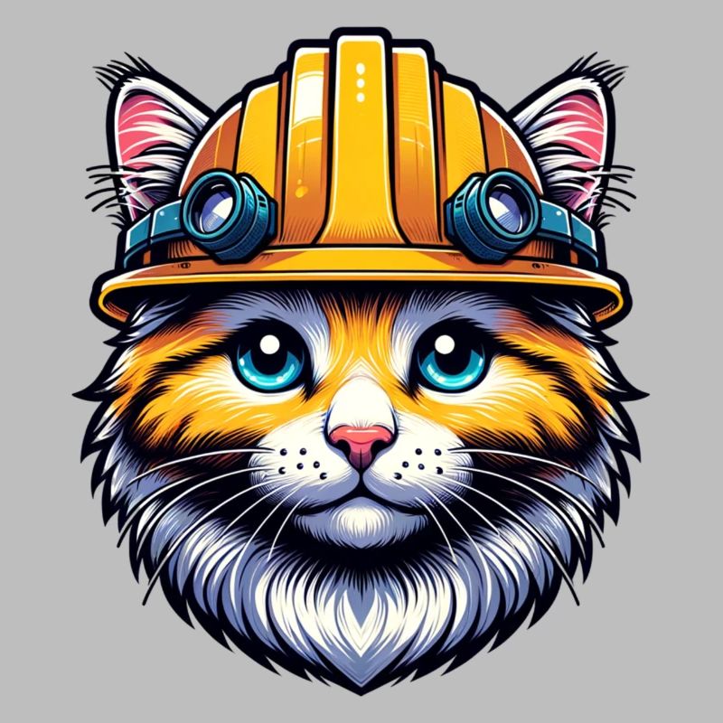 Construction site cat with helmet ideal as a gift.