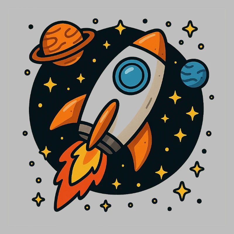 Retro space rocket in star orbit
