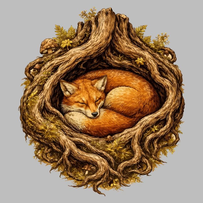 Sleeping fox in the root structure – forest motif