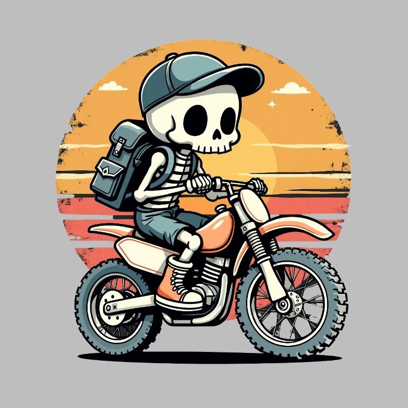 Skeleton on motorcycle in sunset