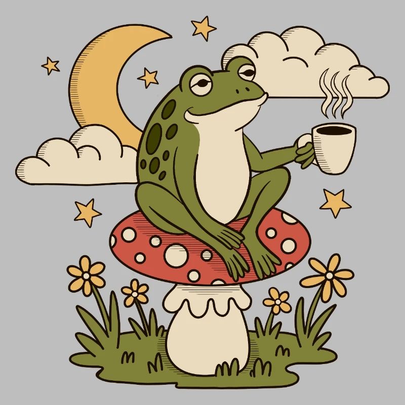A frog with a cup sits on a toadstool