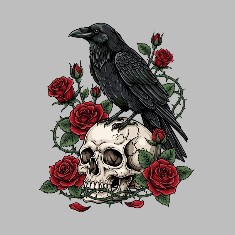 Mitternachtskrähe auf Totenkopfrosen