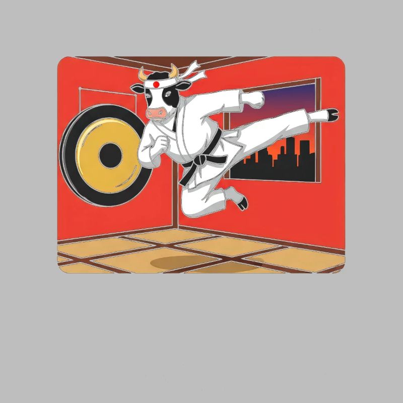 Vache en coup de karaté devant le dojo rouge