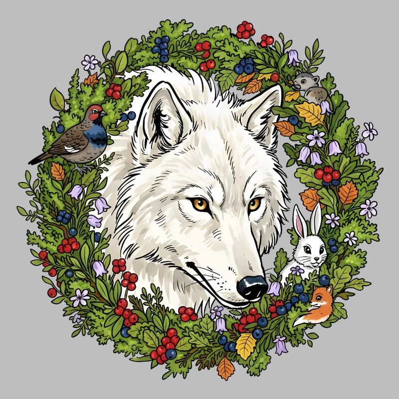Loup blanc de la forêt dans une couronne de fleurs
