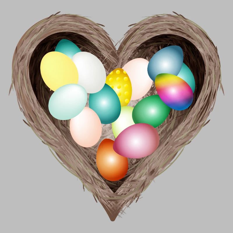 Heart-shaped Easter nest with colorful Easter eggs