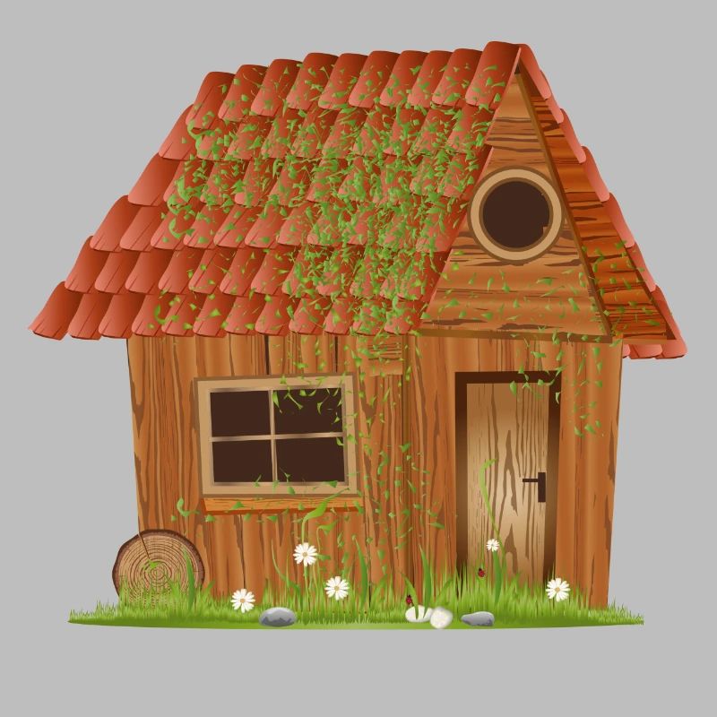 small windswept rustic hut