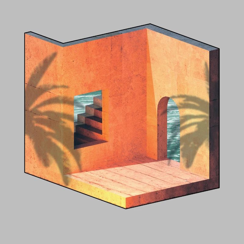 Sun sea architecture summer isometric palm tree