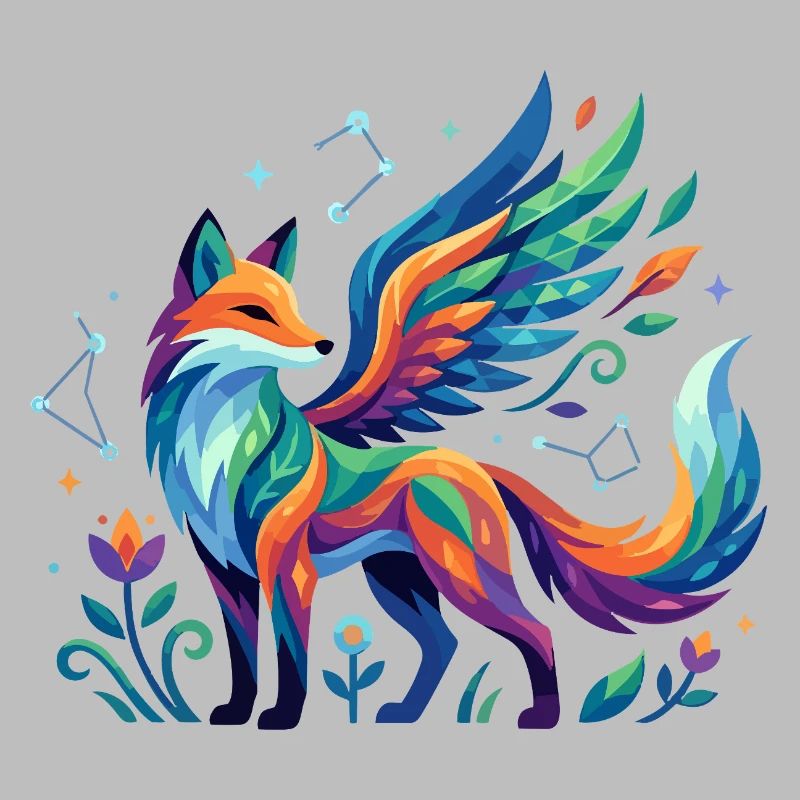 Colorful fantasy fox with wings cosmic pattern
