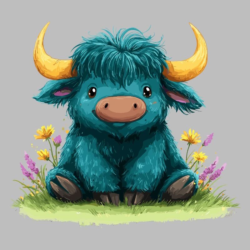 Yak bleu dans une mer de fleurs