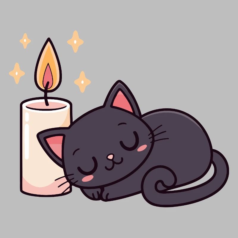 Sleeping black cat and bright candle