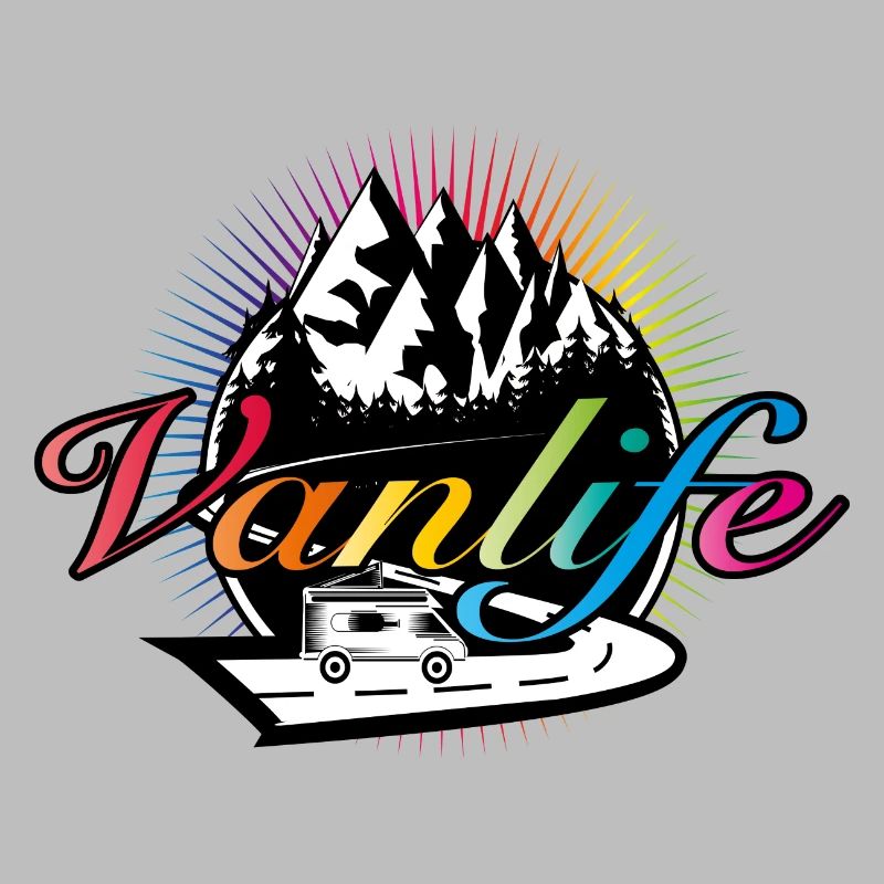Camper unterwegs mit bunter Van Life Typografie