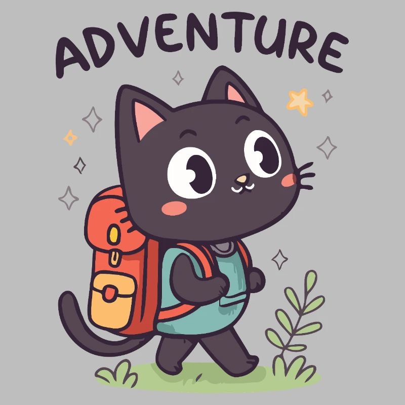 Adventurous Black Cat with Backpack