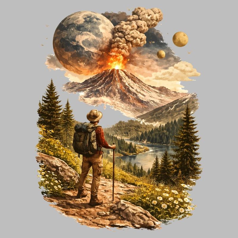 Des randonneurs devant un volcan en éruption et un monde étrange