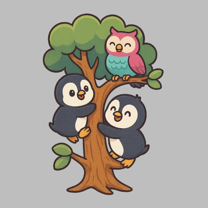 Pinguinbabys klettern auf einen Baum, Eule macht mit