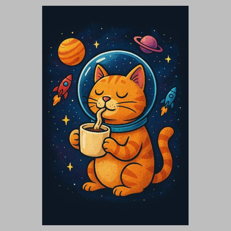 Chat en combinaison spatiale buvant du café