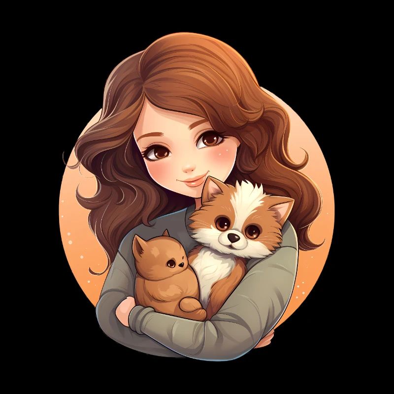 Fille avec des animaux - Motif de câlin affectueux