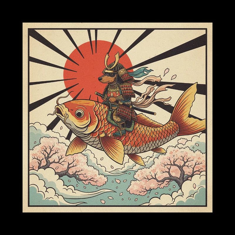 Poisson koi géant chevauché samouraï teckel japonais