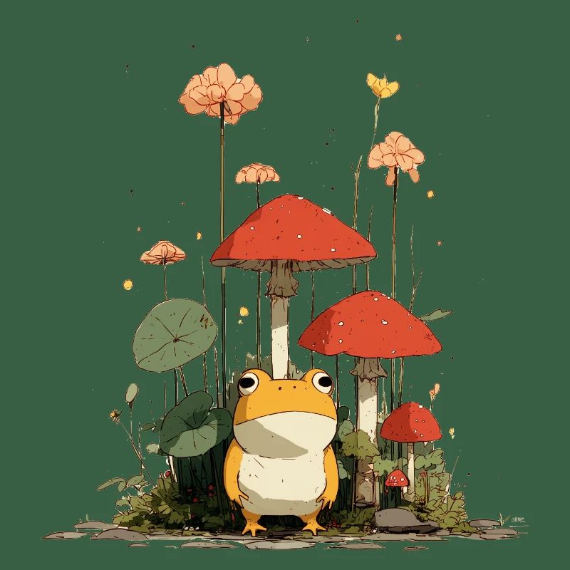 Grenouille devant des champignons rouges dans la forêt