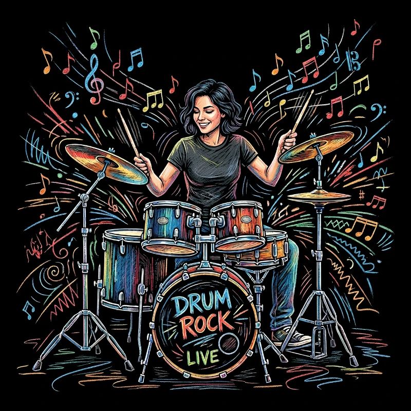 Female Drummer Playing Drum Set Drawing Print