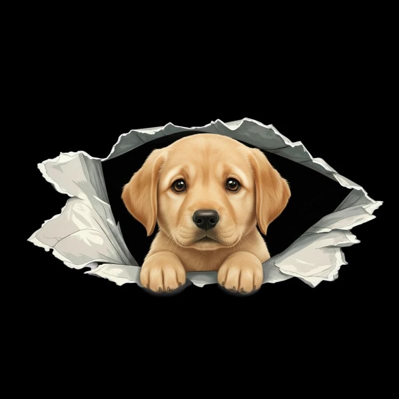 Bébé chiot Golden Retriever qui regarde en papier déchiré