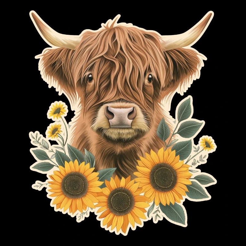 Bovins des Highlands avec des fleurs