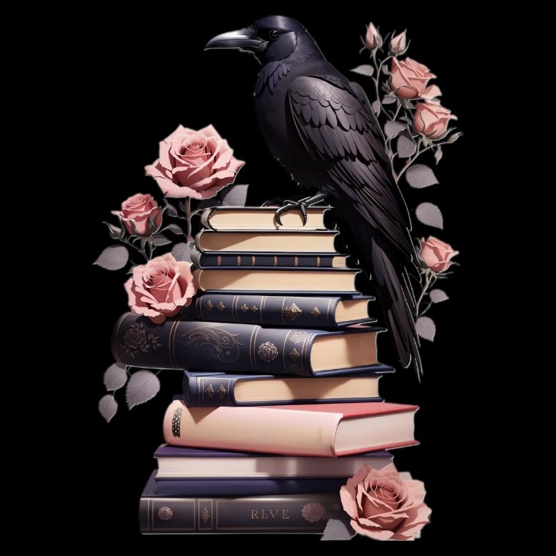 Stack of books with raven