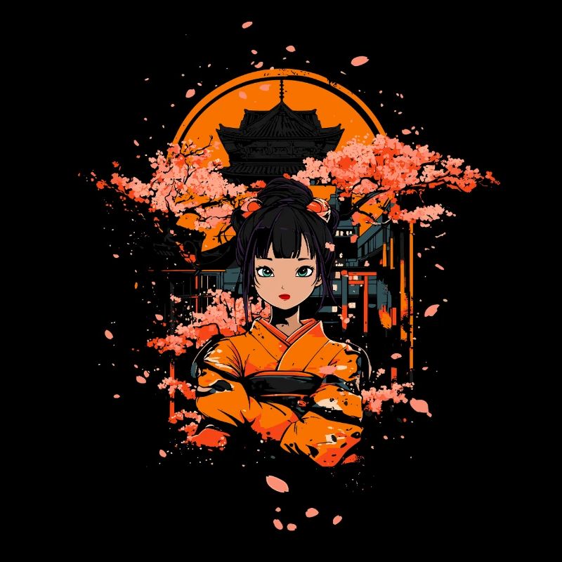 Geisha with Cherry Blossoms Temple