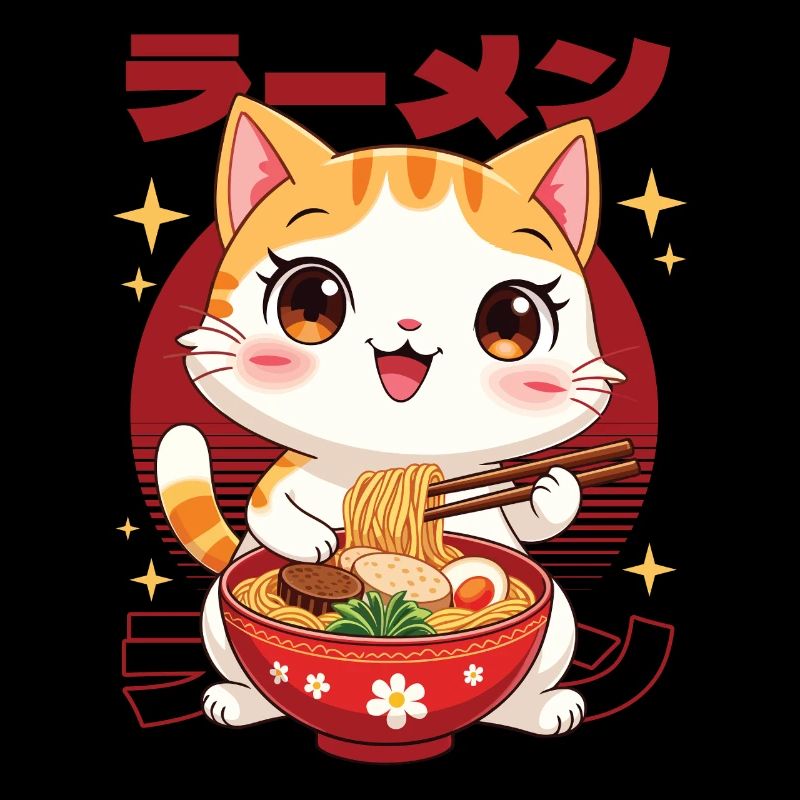 Chaton avec des ramen dans le style kawaii