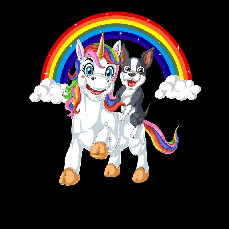 Bunter Einhorn und Boston Terrier unter Regenbogen