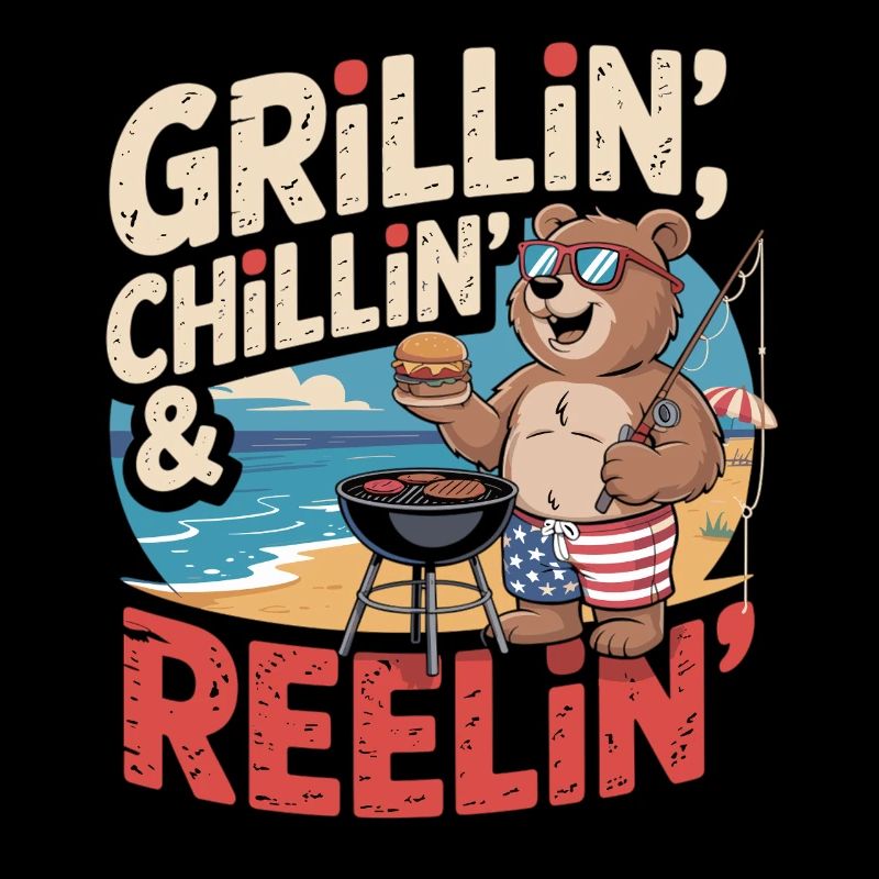BBQ Shirt with Bear on the Beach for Men