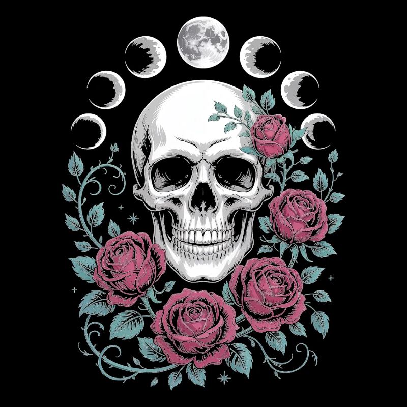 Gothic Totenschädel mit Mondphasen und Rosen Design