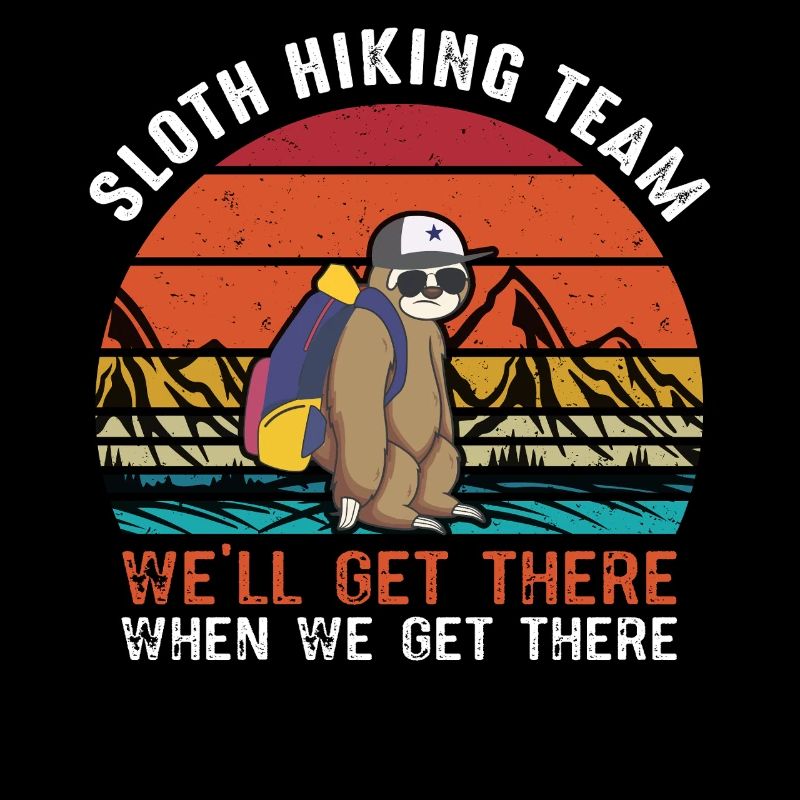 Sloth hiking team in retro sunset