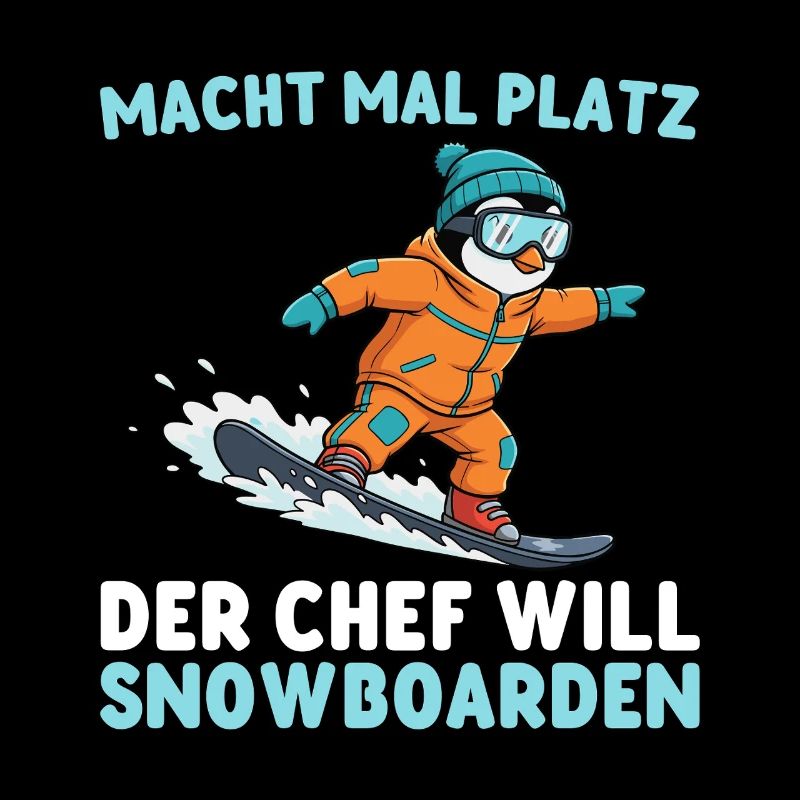 Pinguin Macht Platz der Chef will Snowboarden