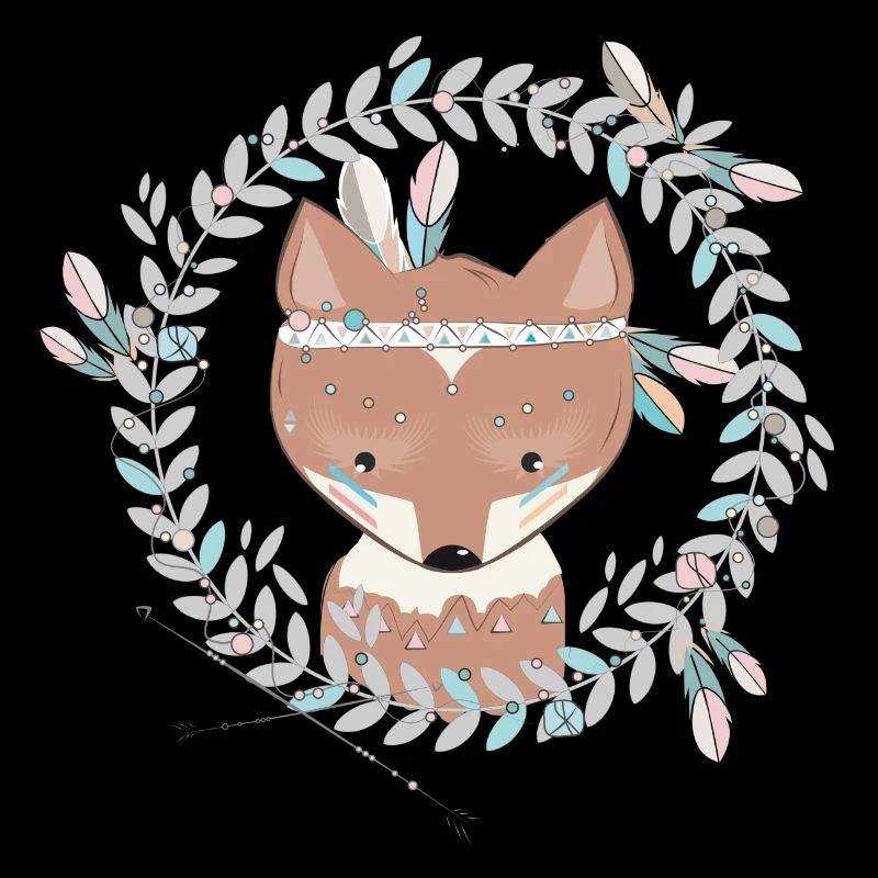 small fox with feather decoration in ethno frame